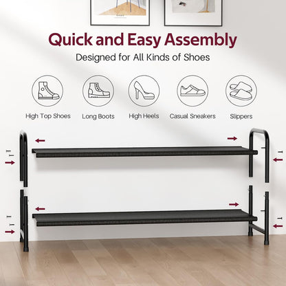 Long 2-Tier Shoe Organizer for Closet, Stackable Wide Shoe Rack Holds 18-Pairs Low Shoe Shelf Storage for Bedroom, Floor, Entryway(Black)
