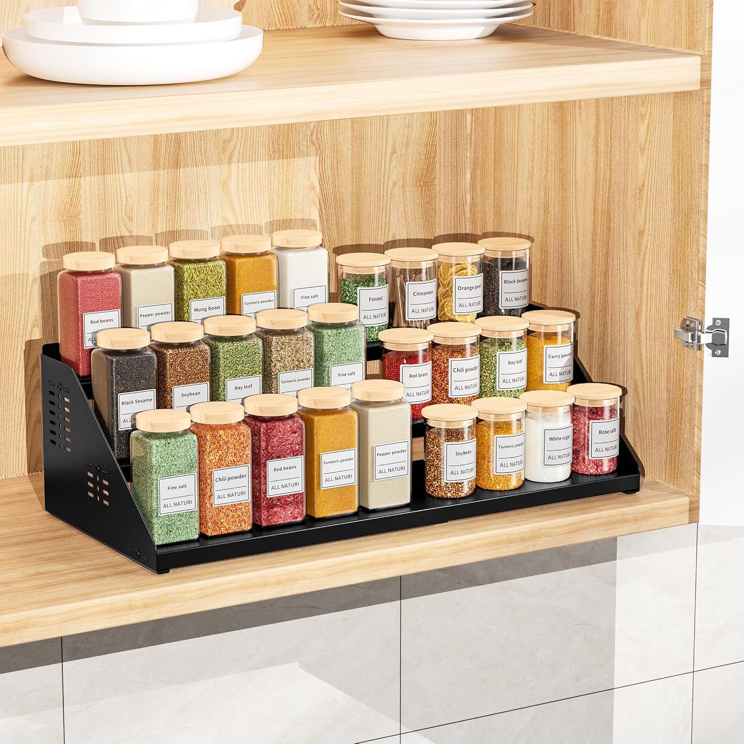 Spice Organizer, Spice Rack for Expandable 3-Tier, Spice Organization for Cabinet Expandable Width and Adjustable Height, Seasoning Organizer for Cabinet, Countertop, Pantry, Black