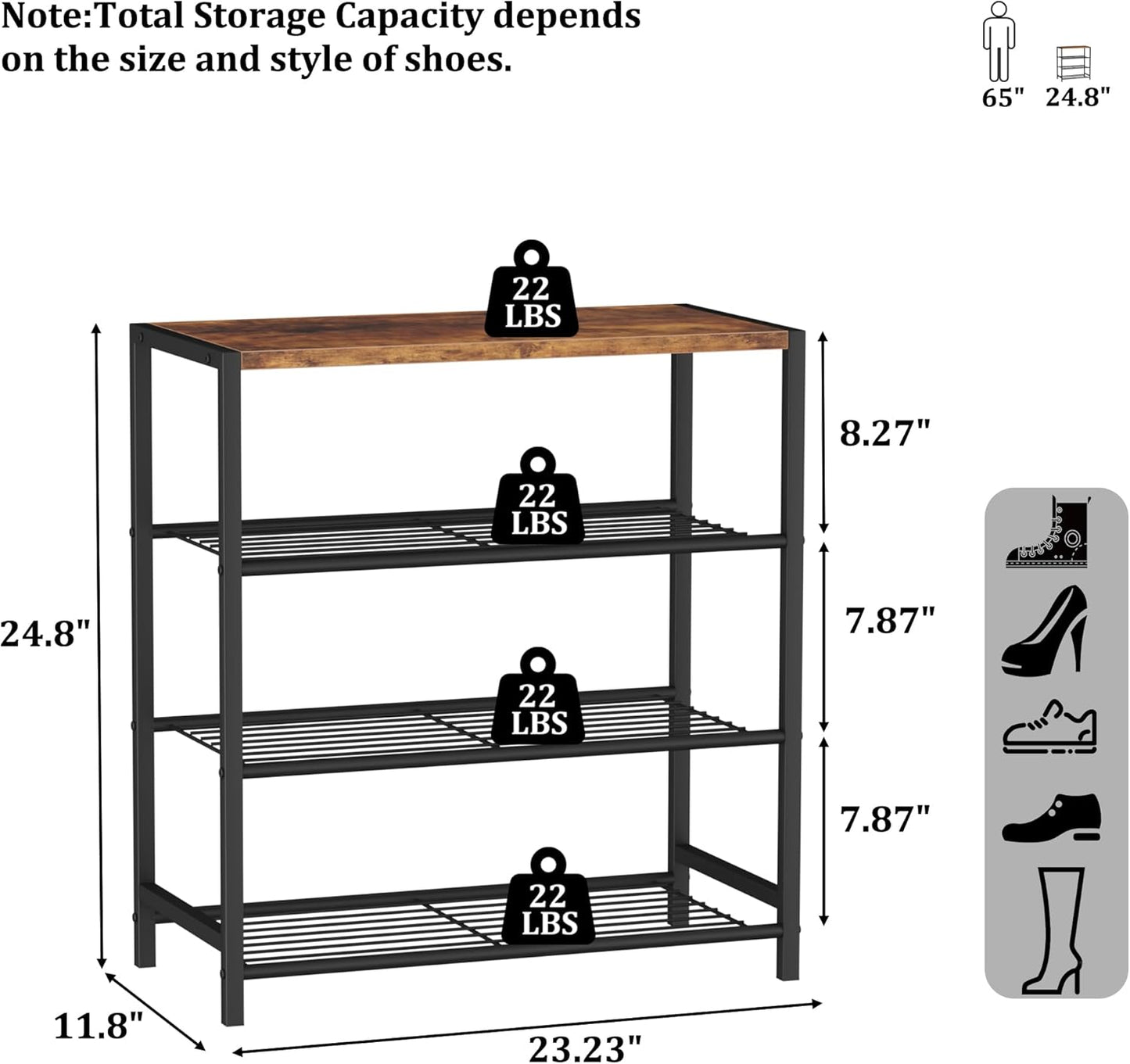 4-Tier Shoe Rack Organizer, Shoe Tower for Closet, Shoe Storage Shelf with MDF Top Board, Each Tier Fits 3 Pairs of Shoes, Entryway Shoes Organizer with Sturdy Metal Shelves, Rustic Brown