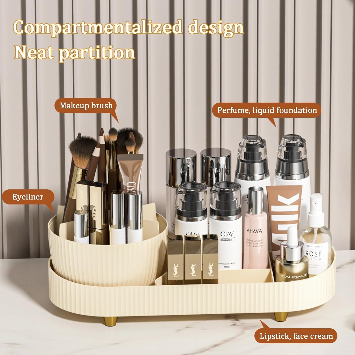 Rotating Vanity Makeup Organizer with Brush Holder and Cosmetic Storage for Lotions, Large Spinning Skincare Organizer (15x11 inches)