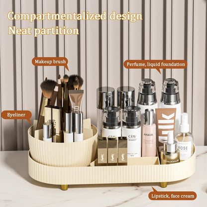 Rotating Vanity Makeup Organizer with Brush Holder and Cosmetic Storage for Lotions, Large Spinning Skincare Organizer (15x11 inches)