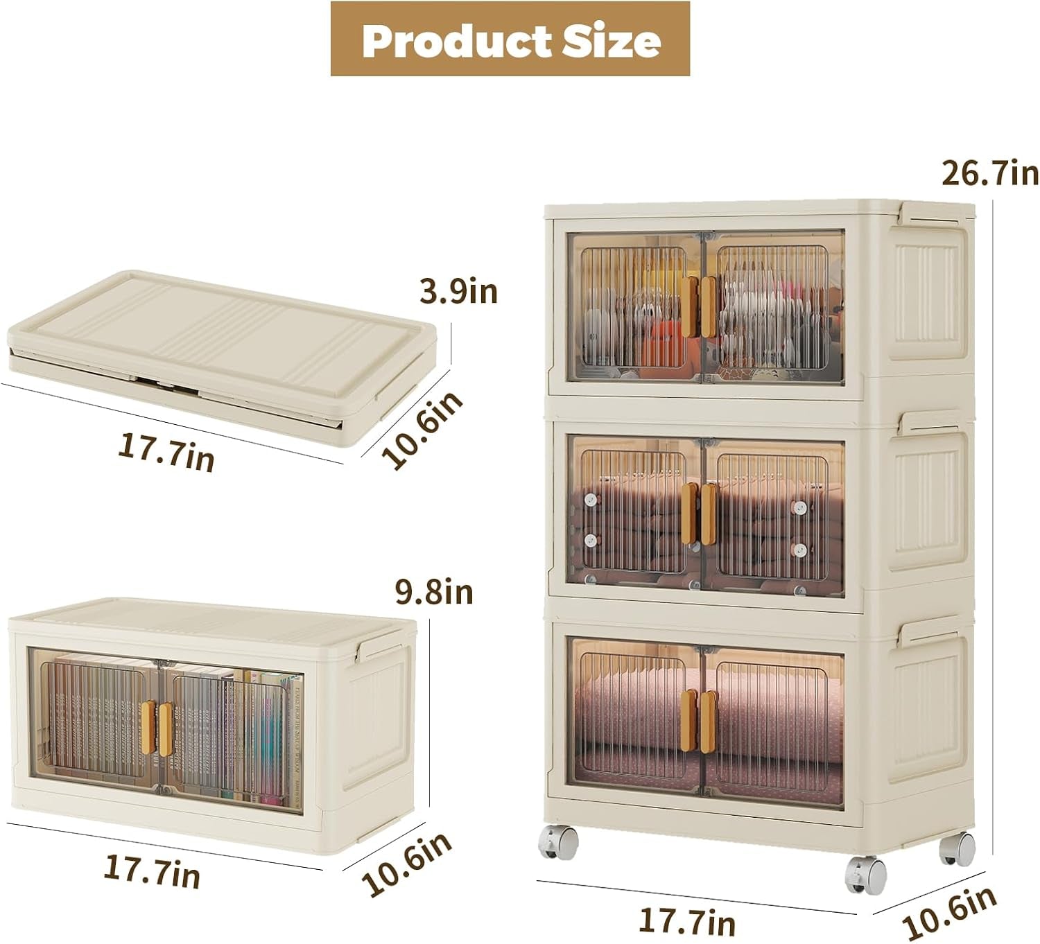 3 Tier Stackable Plastic Storage Bins with Lids 28QT, Collapsible Closet Organizers and Storage with Wheels for Living Room,Office,Dorm
