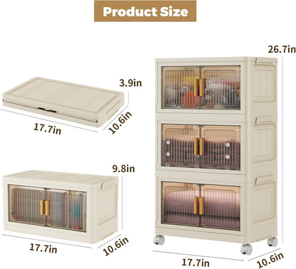 3 Tier Stackable Plastic Storage Bins with Lids 28QT, Collapsible Closet Organizers and Storage with Wheels for Living Room,Office,Dorm
