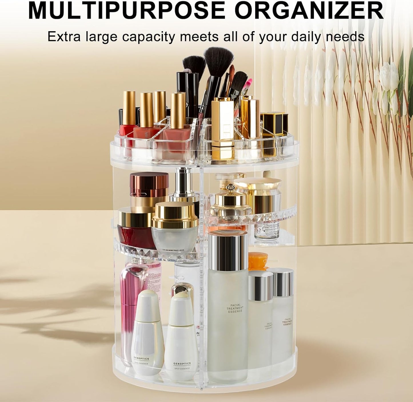 360-Degree Rotating Adjustable Makeup Organizer with 8 Layers for Cosmetics, Brushes, and Lipsticks - Clear Storage Display Case