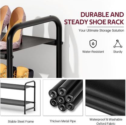 Long 2-Tier Shoe Organizer for Closet, Stackable Wide Shoe Rack Holds 18-Pairs Low Shoe Shelf Storage for Bedroom, Floor, Entryway(Black)