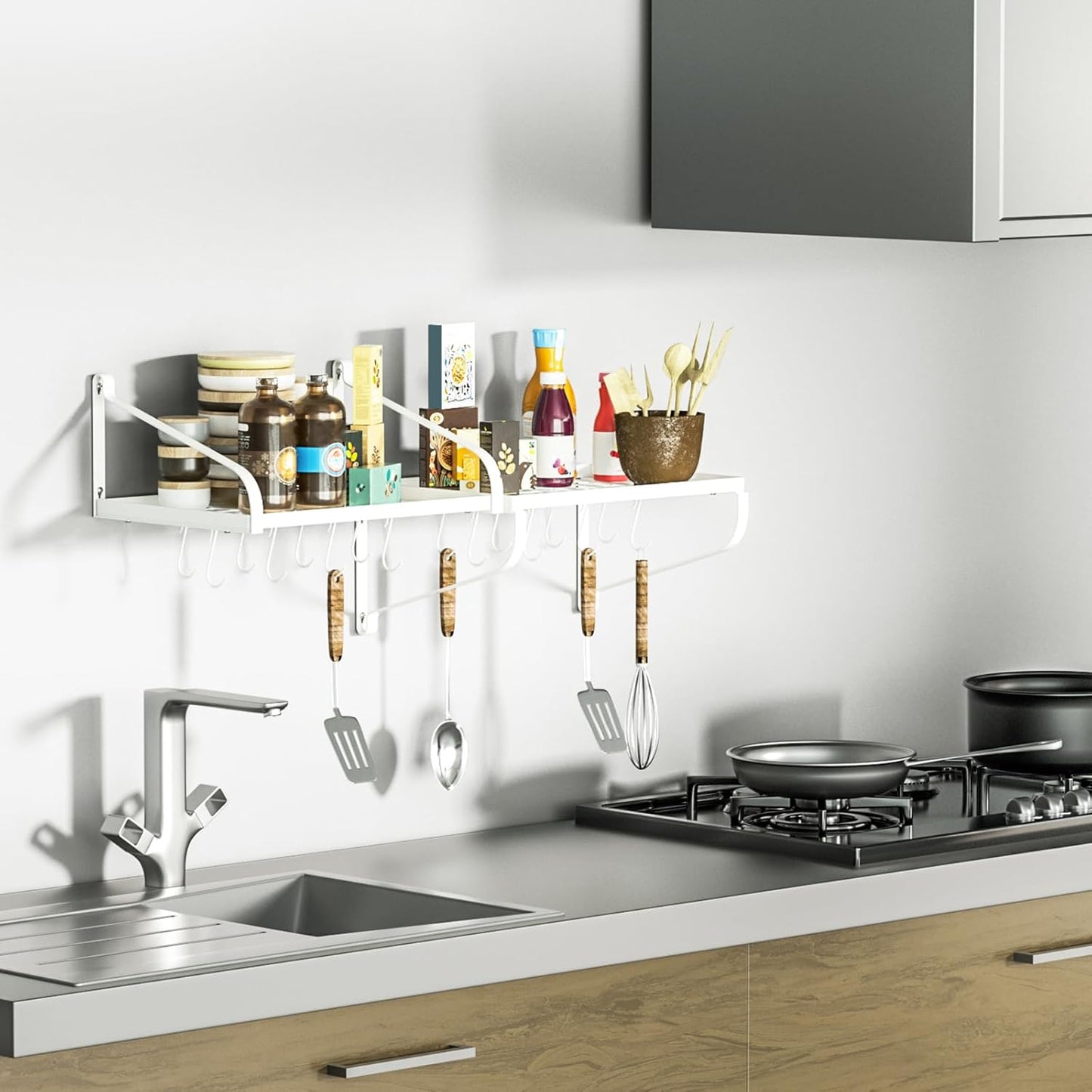 Pot Rack Wall Mounted Set of 2 Pan Pot Organizer Wall Shelves with 16 Hooks for Kitchen Cookware Utensils Organization White