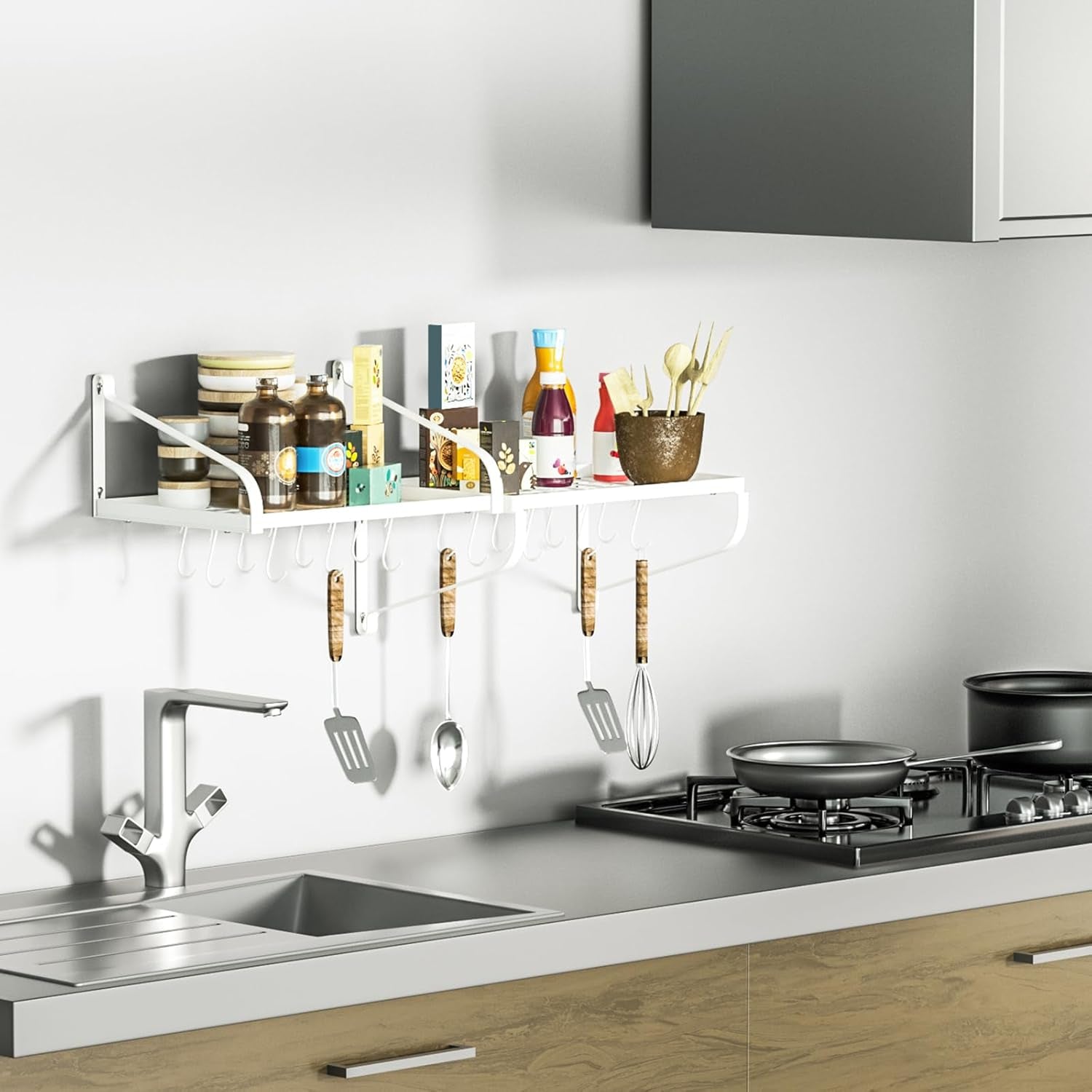 Pot Rack Wall Mounted Set of 2 Pan Pot Organizer Wall Shelves with 16 Hooks for Kitchen Cookware Utensils Organization White