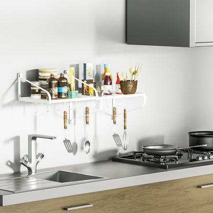 Pot Rack Wall Mounted Set of 2 Pan Pot Organizer Wall Shelves with 16 Hooks for Kitchen Cookware Utensils Organization White