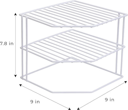 3-Tier Corner Kitchen Shelf Rack - Rust-Resistant Steel Wire Organizer for Plates and Dishes - Ideal for Cabinets and Pantries (9 x 8 Inches) [White]