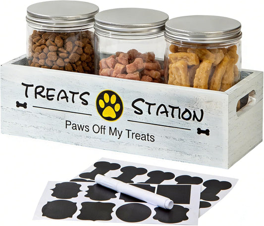 Dog Treat Container for Countertop Cat Organization and Storage with 3 Jars Pet Accessories Storage Decorative Dog Treat Station Farmhouse Decor Gift for Pet