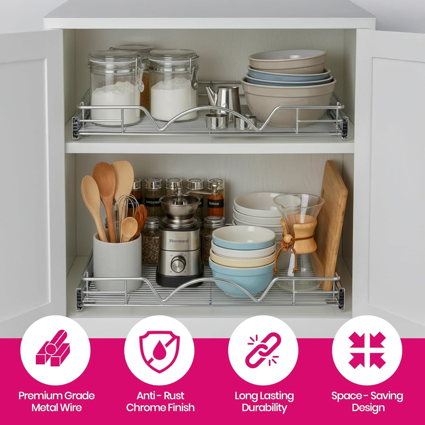 Pull Out Cabinet Organizer, 8”W X 21”D Cabinet Drawer | Heavy-Duty Caddy, Lifetime Limited Warranty, Steel Metal Cabinet Drawers, Chrome, Requires at Least 9-1/4” Cabinet Opening