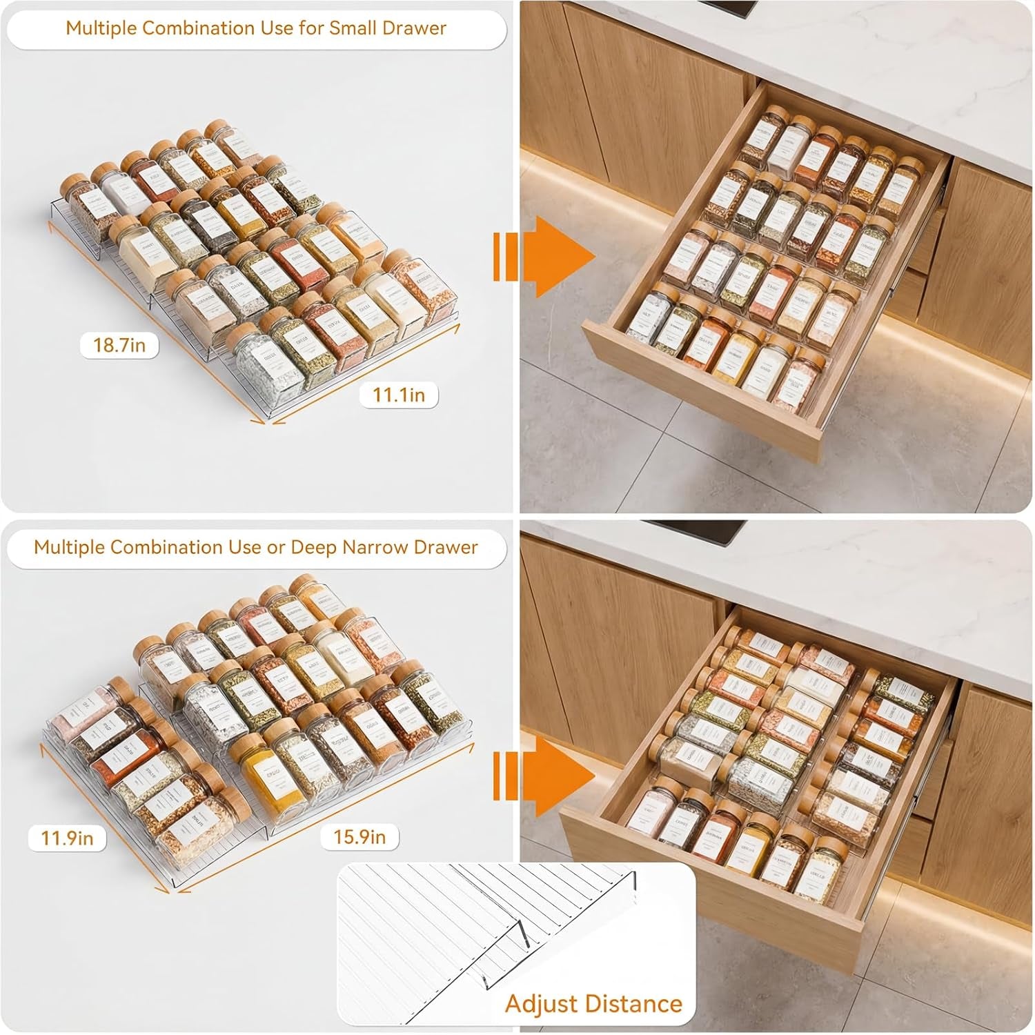 4 Pack Adjustable Spice Rack for Drawer- Expandable from 11" to 22" Expandable Spice Drawer Organizer 4 Tiers Acrylic Seasoning Organizer Rack,Clear Spice Rack Tray for Spices,Condiment (4)