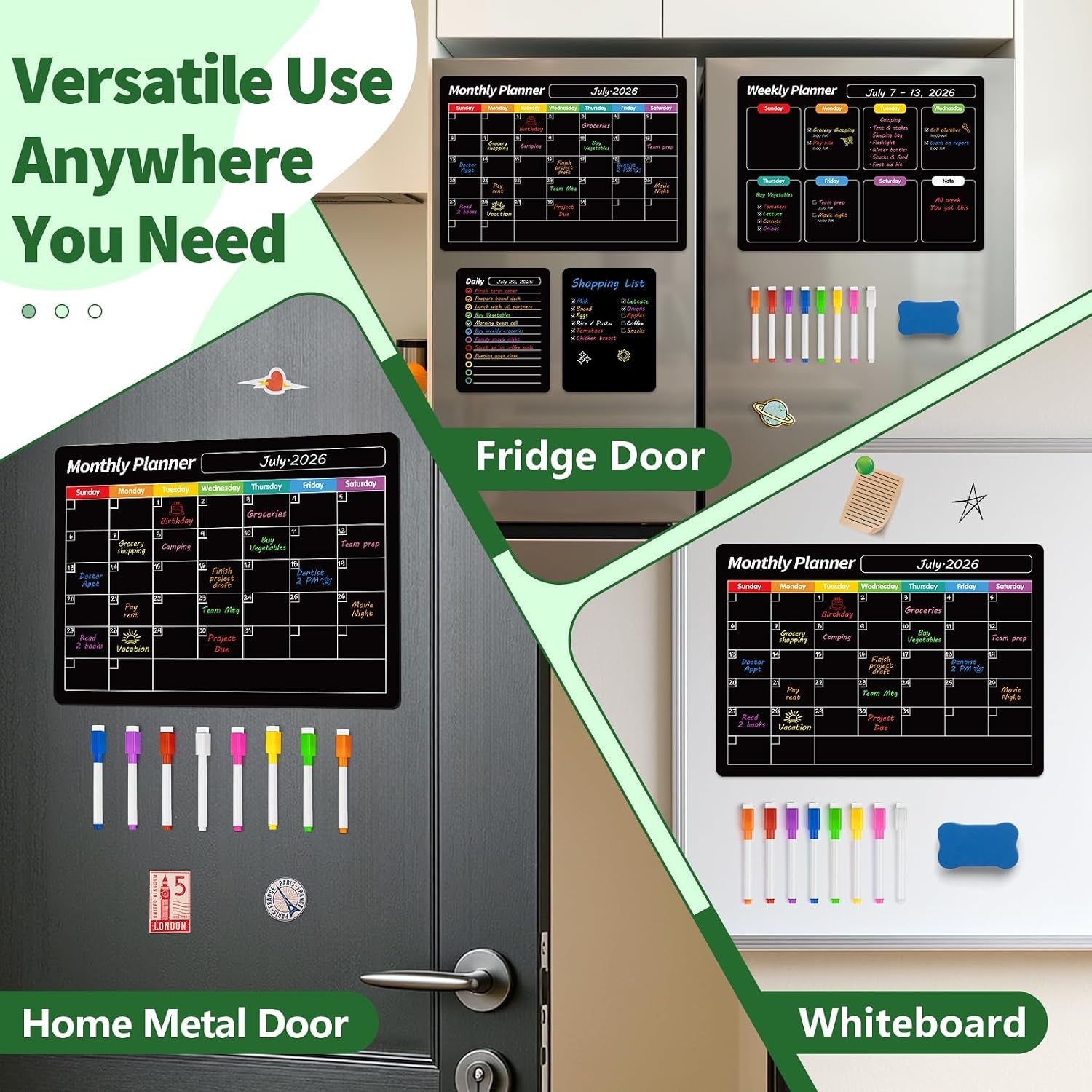 4 Pack Fridge Calendar, Magnetic Calendar for Dry Erase, Black | Magnetic Dry Erase Board, Monthly Calendar for Fridge with 8 Markers & Eraser