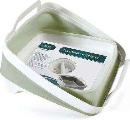 Collapsible Dish Basin with Drain Plug, Foldable Sink, 2.4 Gal (9L) | Space-Saving Wash Basin for Kitchen, Baby Bottles, Vegetable Washing, Camping, RV and Party Beverage Tubs