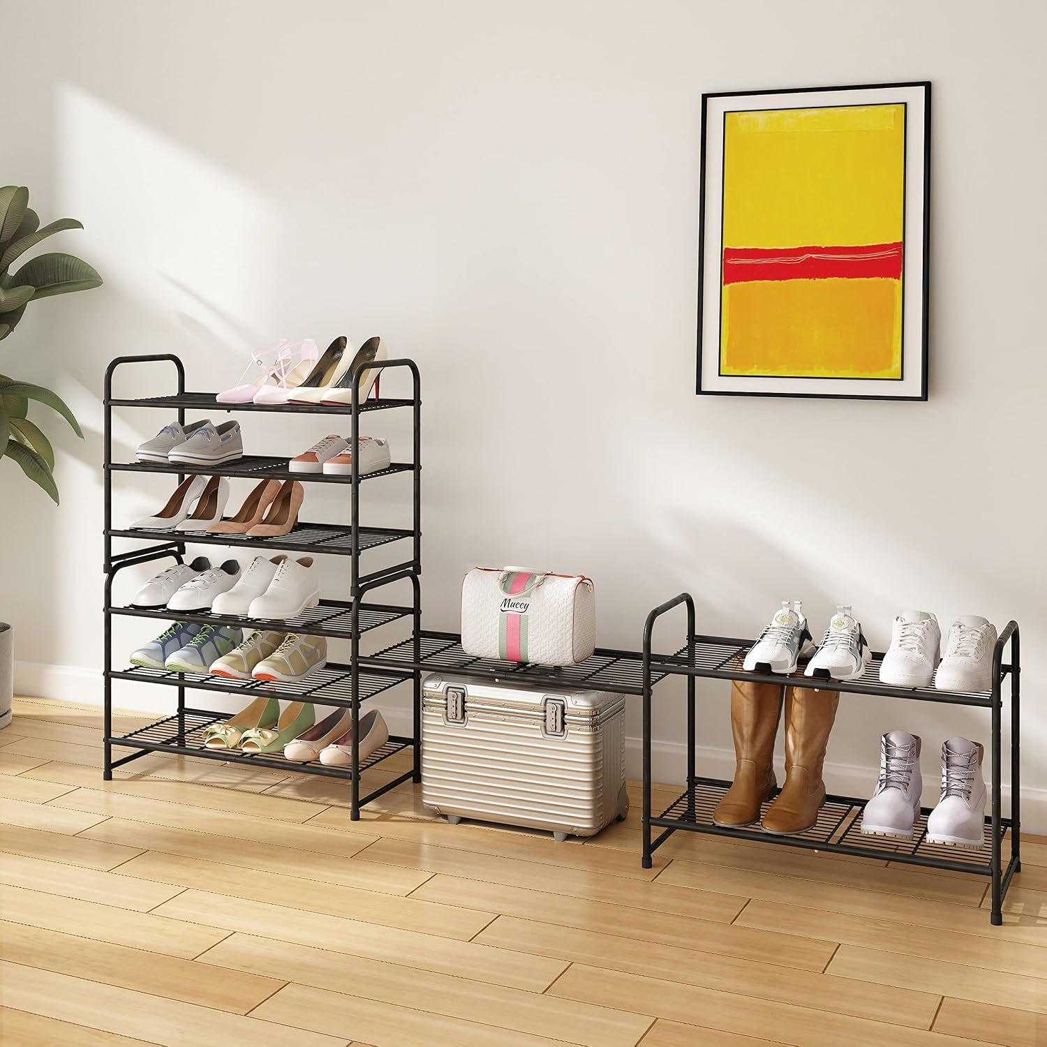 3-Tier Stackable Shoe Rack, Expandable & Adjustable Shoe Shelf Storage Organizer, Wire Grid, Black
