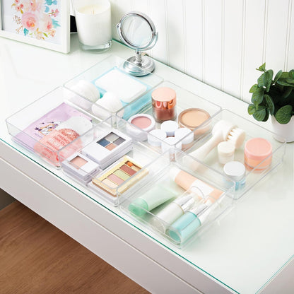 Simplesort 6-Piece Stackable Clear Drawer Organizer Set | 6" X 6" X 2" Square Trays | Small Makeup Vanity Storage Bins and Office Desk Drawer Dividers | Made in USA