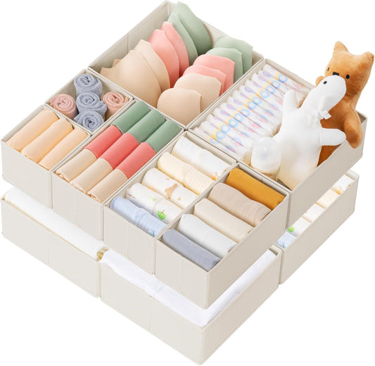 Drawer Organizer Clothes, 10 Pack Dresser Organizer for Baby Clothes, Underwear, Sock- Foldable Closet Organization and Storage Dividers Bins for Nursery, Bedroom (Oatmeal)