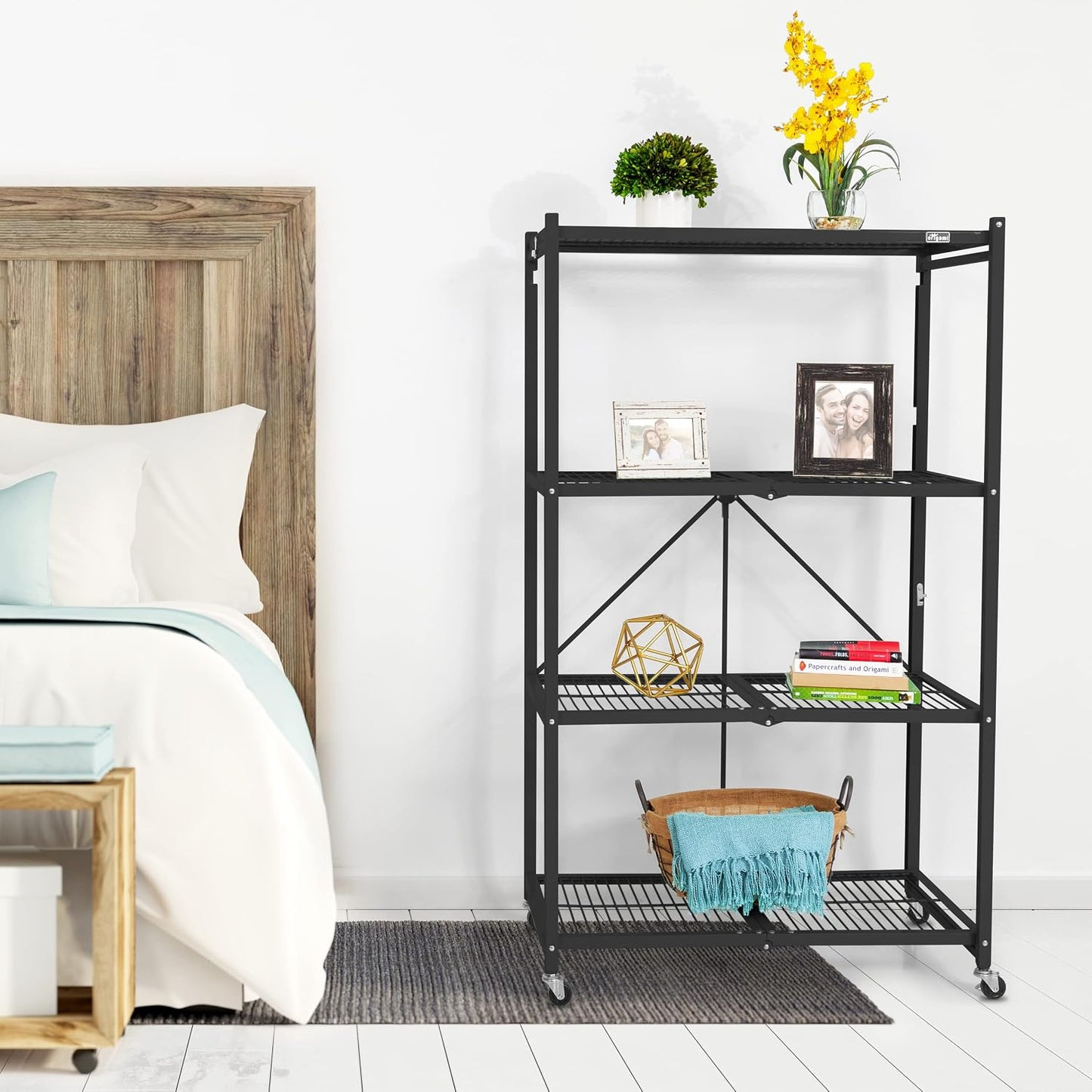 R5 4-Shelf Heavy-Duty Folding Storage Rack, Black – Large Foldable Metal Shelving Unit with Wheels for Garage, Pantry, Basement, Laundry Room or Warehouse