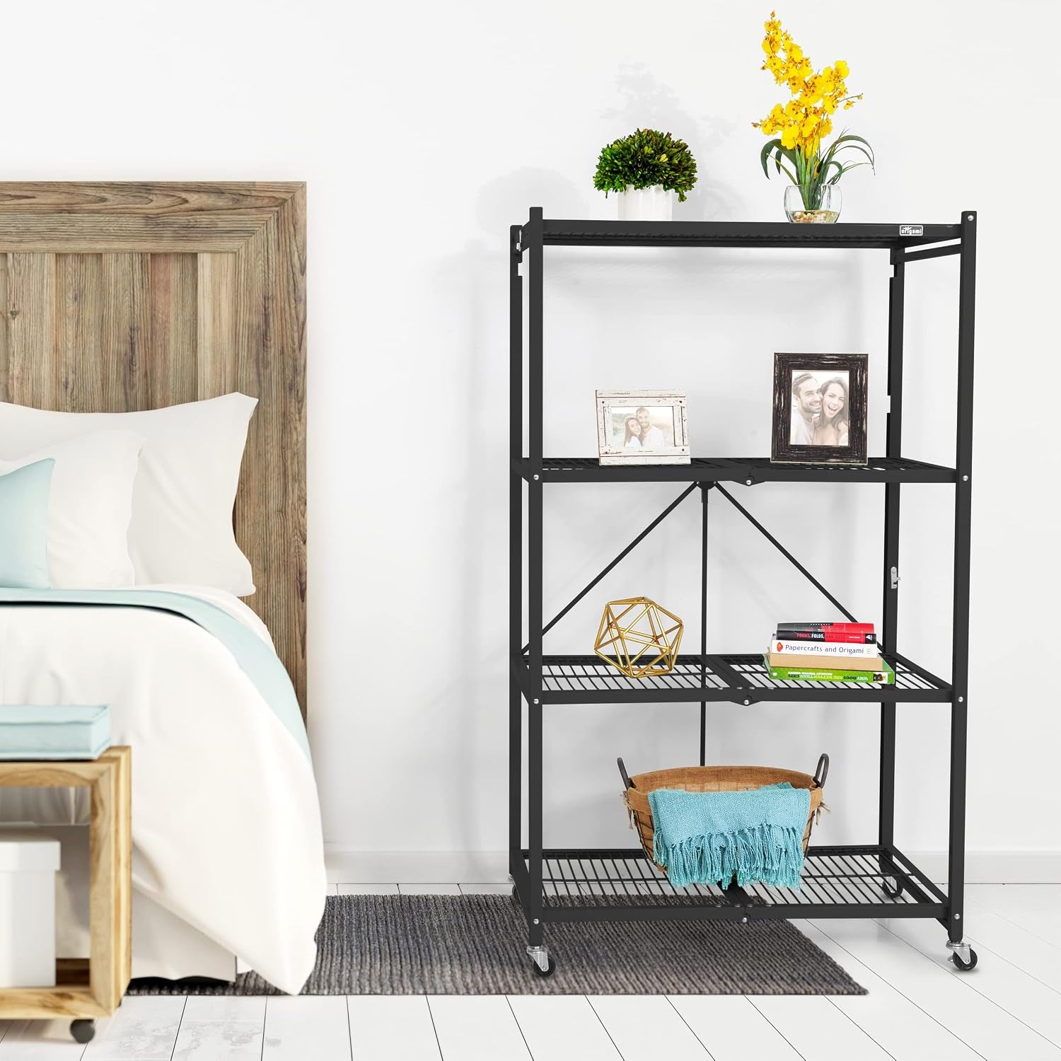 R5 4-Shelf Heavy-Duty Folding Storage Rack, Black – Large Foldable Metal Shelving Unit with Wheels for Garage, Pantry, Basement, Laundry Room or Warehouse