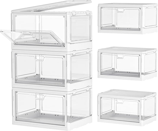 Clear Storage Bin Set with Lids - 3 Pack, Stackable and Durable Plastic Folding Bins for Bedroom, Living Room, and Study, 23 QT Capacity with Magnetic Closure
