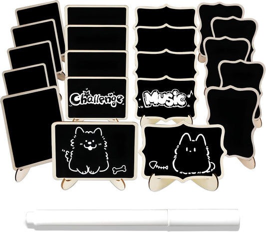 20PCS Mini Chalkboard Signs for Food Party Buffet Display Small Rectangle Chalkboards Blackboard with Stand for Tables W/1 Liquid Chalk,Wood Place Cards for Wedding,Birthday Party, Message Board Signs