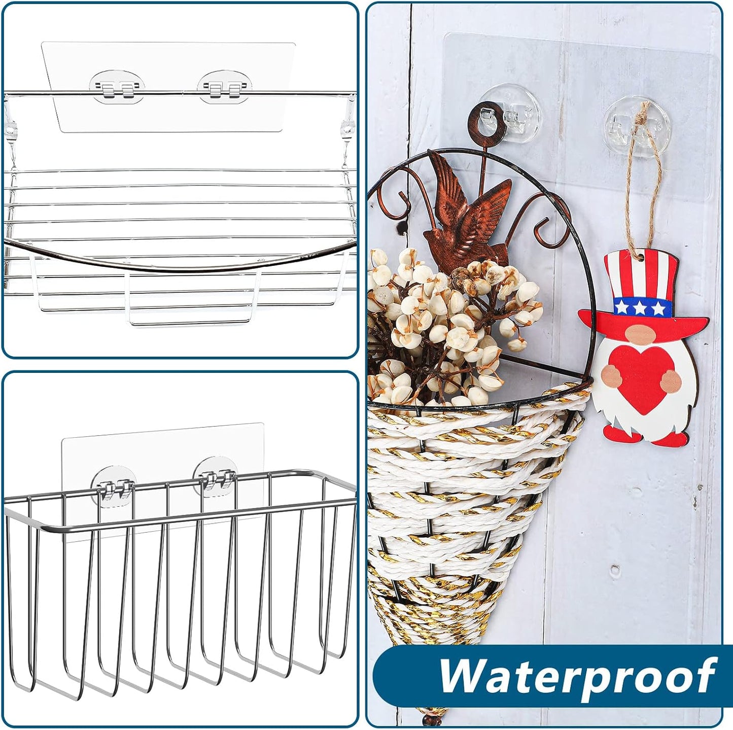 12 Pack Adhesive Hooks Sticker Strong Adhesive Wall Hooks Waterproof Adhesive Hooks for Shower Caddy Adhesive Replacement Clear Strong Sticker Hooks No Drilling Sticky Hanging Hooks (Double Hook)