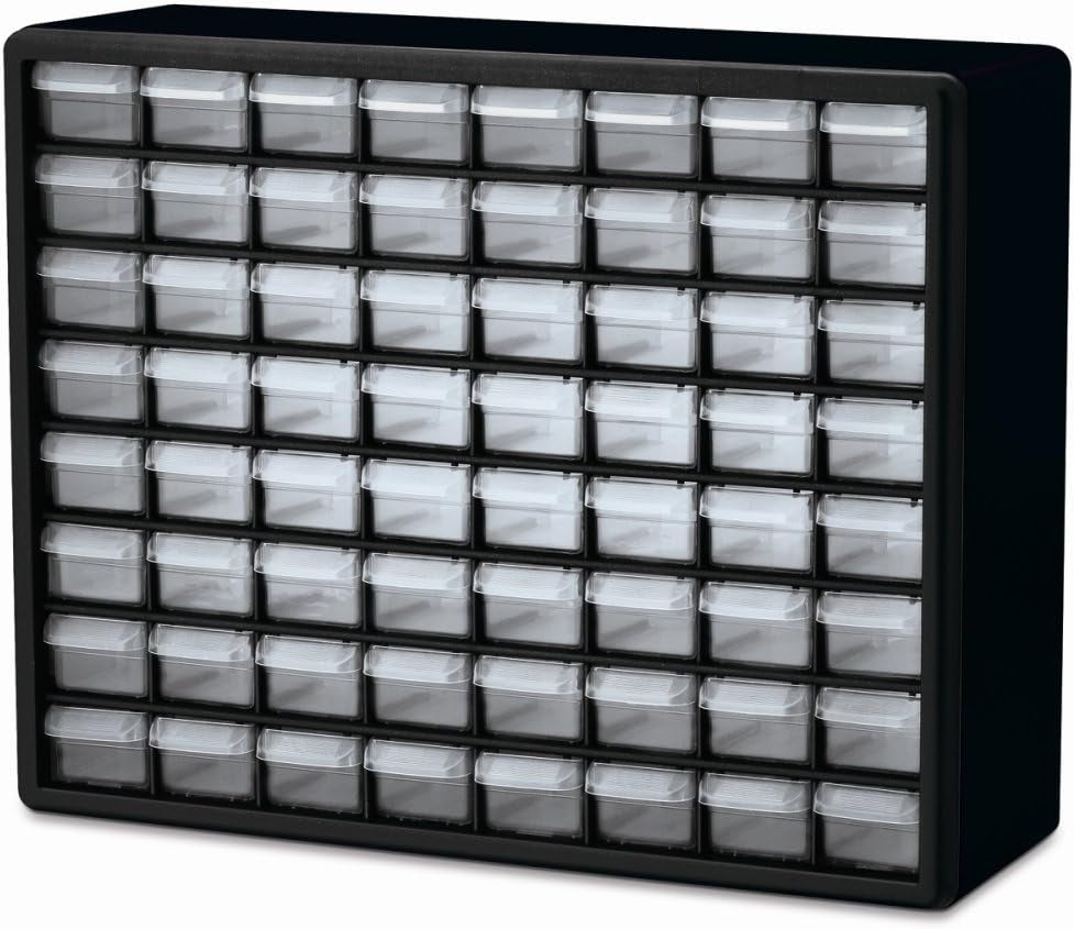 64-Drawer Plastic Drawer Storage Cabinet for Garage Organization, Bead Organizer, Building Bricks Storage, Teacher Toolbox, Makeup Organizer, 20" W X 6" D X 16" H, 10764 Black