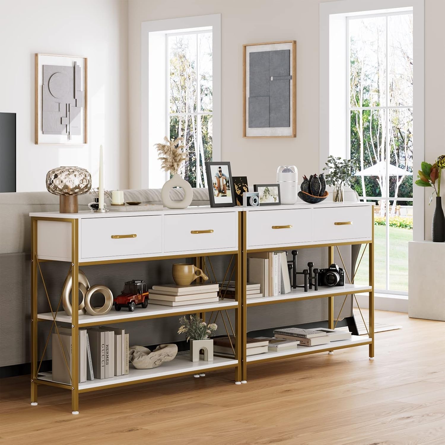 White and Gold Console Table with Storage, Industrial Entryway Table | Narrow Wide Wood Entry Way Table W/ 2-Tier Open Shelves and Drawers, Farmhouse Sofa Foyer Table for Hallway, Living Room