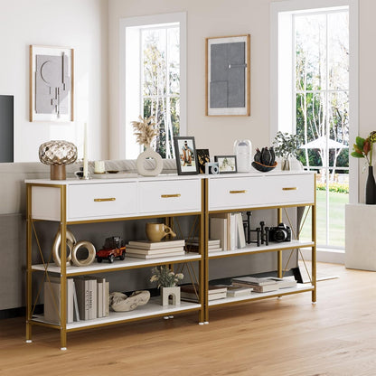 White and Gold Console Table with Storage, Industrial Entryway Table | Narrow Wide Wood Entry Way Table W/ 2-Tier Open Shelves and Drawers, Farmhouse Sofa Foyer Table for Hallway, Living Room