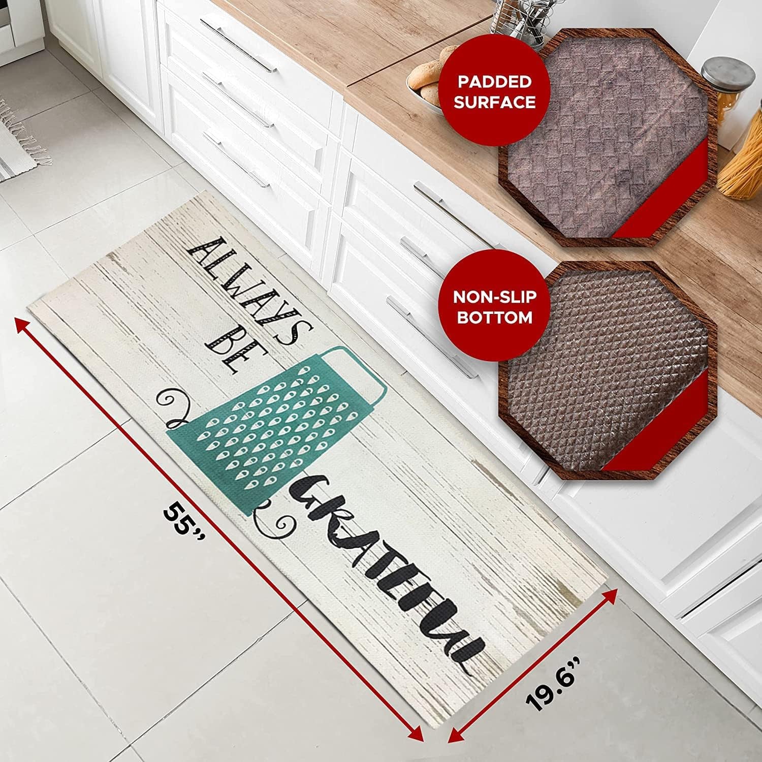 Kitchen Mat Cushioned anti Fatigue Floor Mat,19.6"X55", Thick Non Slip Waterproof Kitchen Rugs and Mats, Standing Mat for Kitchen,Floor,Home,Office,Desk,Sink,Laundry (Always Be Grateful)