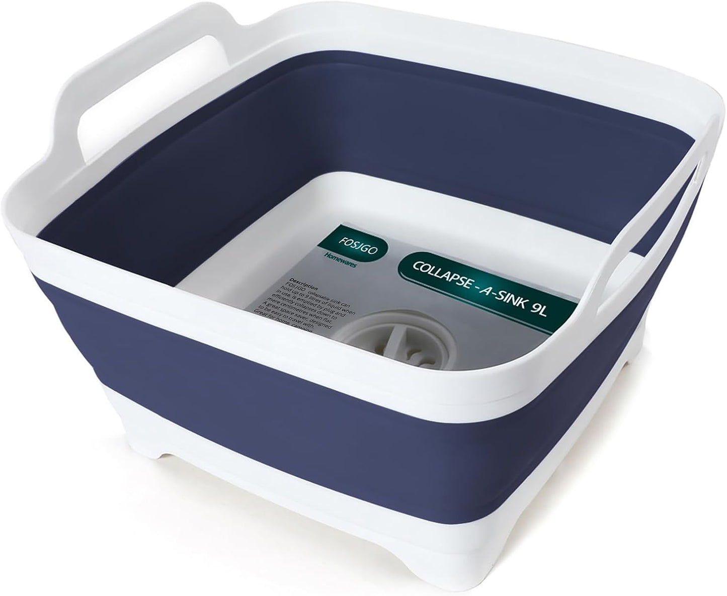 Collapsible Dish Basin with Drain Plug, Foldable Sink, 2.4 Gal (9L) | Space-Saving Wash Basin for Kitchen, Baby Bottles, Vegetable Washing, Camping, RV and Party Beverage Tubs