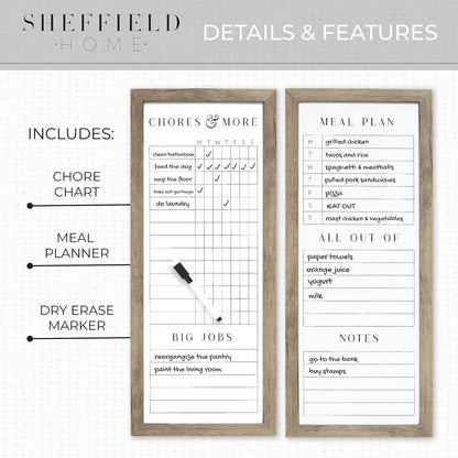 Set of Two Family Planner Dry Erase Boards Featuring, Chore Chart, Shopping List, Weekly Meal Planner and Notes, 9X21 Inch, Natural