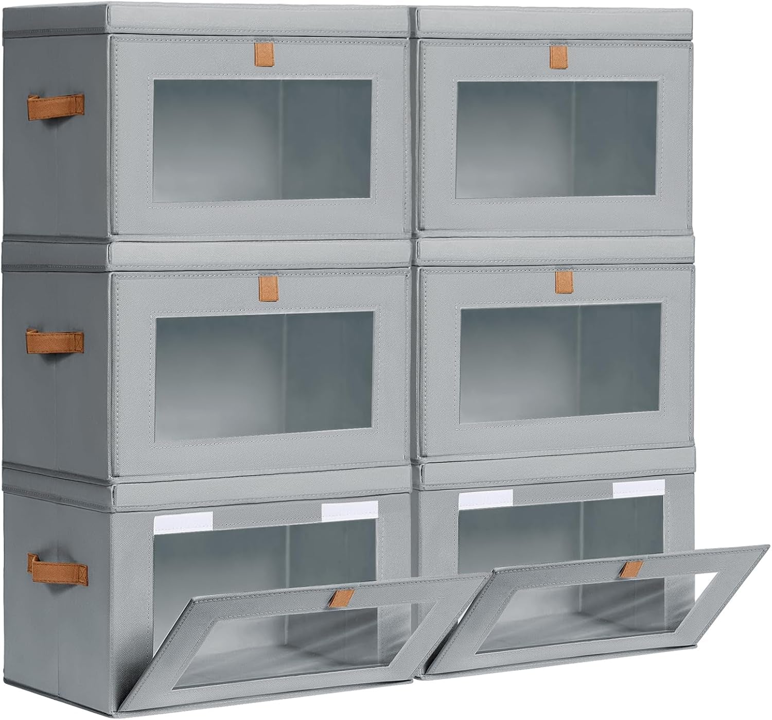 Large Closet Storage Bins - Collapsible Storage Bins with Handles & Window, Fabric Cube Organizer with Lids, Decorative Boxes for Living Room, Closet, Dorm, 6 Pack, Grey
