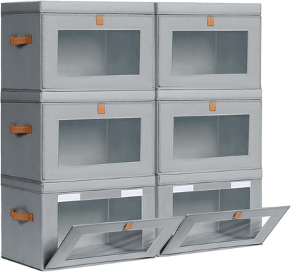 Large Closet Storage Bins - Collapsible Storage Bins with Handles & Window, Fabric Cube Organizer with Lids, Decorative Boxes for Living Room, Closet, Dorm, 6 Pack, Grey