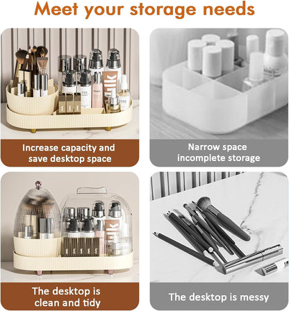Rotating Vanity Makeup Organizer with Brush Holder and Cosmetic Storage for Lotions, Large Spinning Skincare Organizer (15x11 inches)