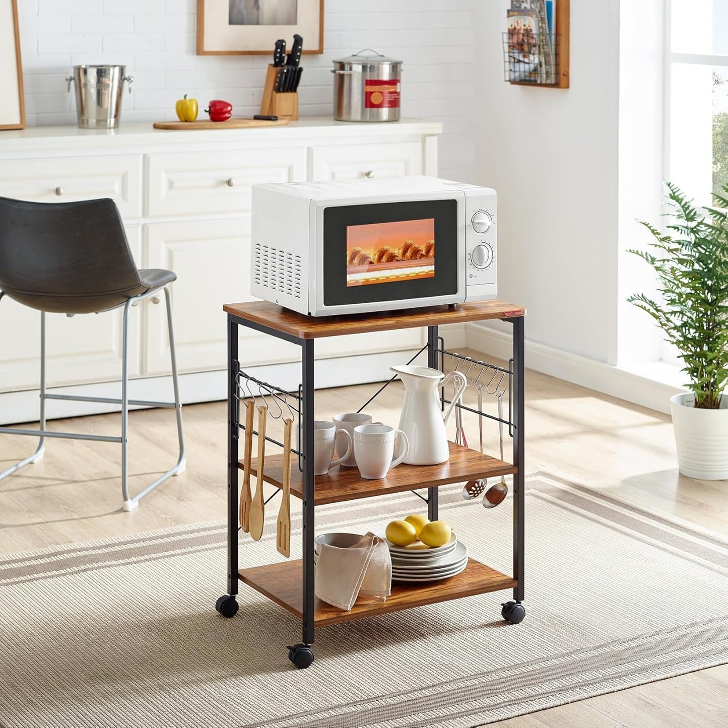 Microwave Cart 23.7'' for Small Space, 3-Tier Microwave Stand Coffee Cart Rolling Kitchen Utility Cart on Wheels, Vintage