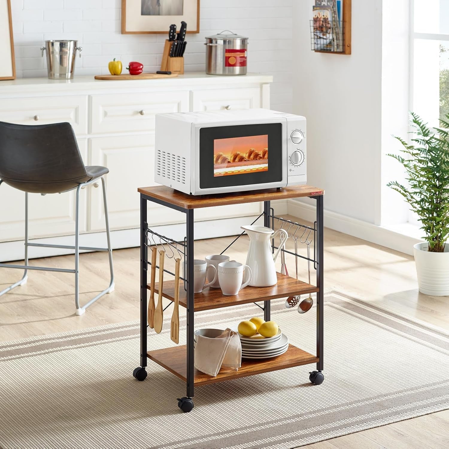 Microwave Cart 23.7'' for Small Space, 3-Tier Microwave Stand Coffee Cart Rolling Kitchen Utility Cart on Wheels, Vintage