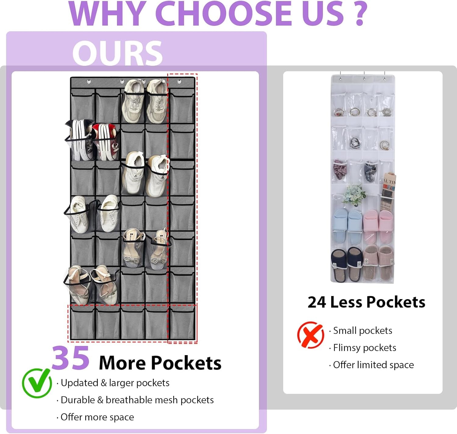 35 Large Pockets over the Door Shoe Organizer, Extra Sturdy Oxford Fabric Hanging Shoe Rack for Door Closet, Wall Mesh Shoe Storage Holder for Mens Women Shoes (Grey)