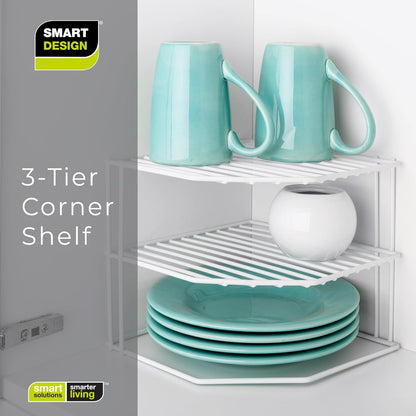 3-Tier Corner Kitchen Shelf Rack - Rust-Resistant Steel Wire Organizer for Plates and Dishes - Ideal for Cabinets and Pantries (9 x 8 Inches) [White]