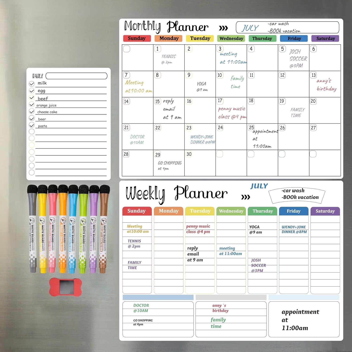 Dry Erase Whiteboard. Magnetic Dry Erase Calendar Board for Fridge Includes 8 Markers - Weekly Meal Planner Whiteboard, Grocery List and Notepad for Kitchen Refrigerator