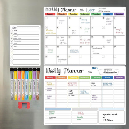Dry Erase Whiteboard. Magnetic Dry Erase Calendar Board for Fridge Includes 8 Markers - Weekly Meal Planner Whiteboard, Grocery List and Notepad for Kitchen Refrigerator