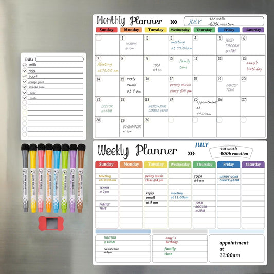 Dry Erase Whiteboard. Magnetic Dry Erase Calendar Board for Fridge Includes 8 Markers - Weekly Meal Planner Whiteboard, Grocery List and Notepad for Kitchen Refrigerator
