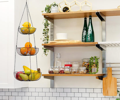 3-Tier Hanging Basket Fruit Organizer Kitchen Heavy Duty Wire Organizer with 2 Free Bonus Metal Ceiling Hooks, Black