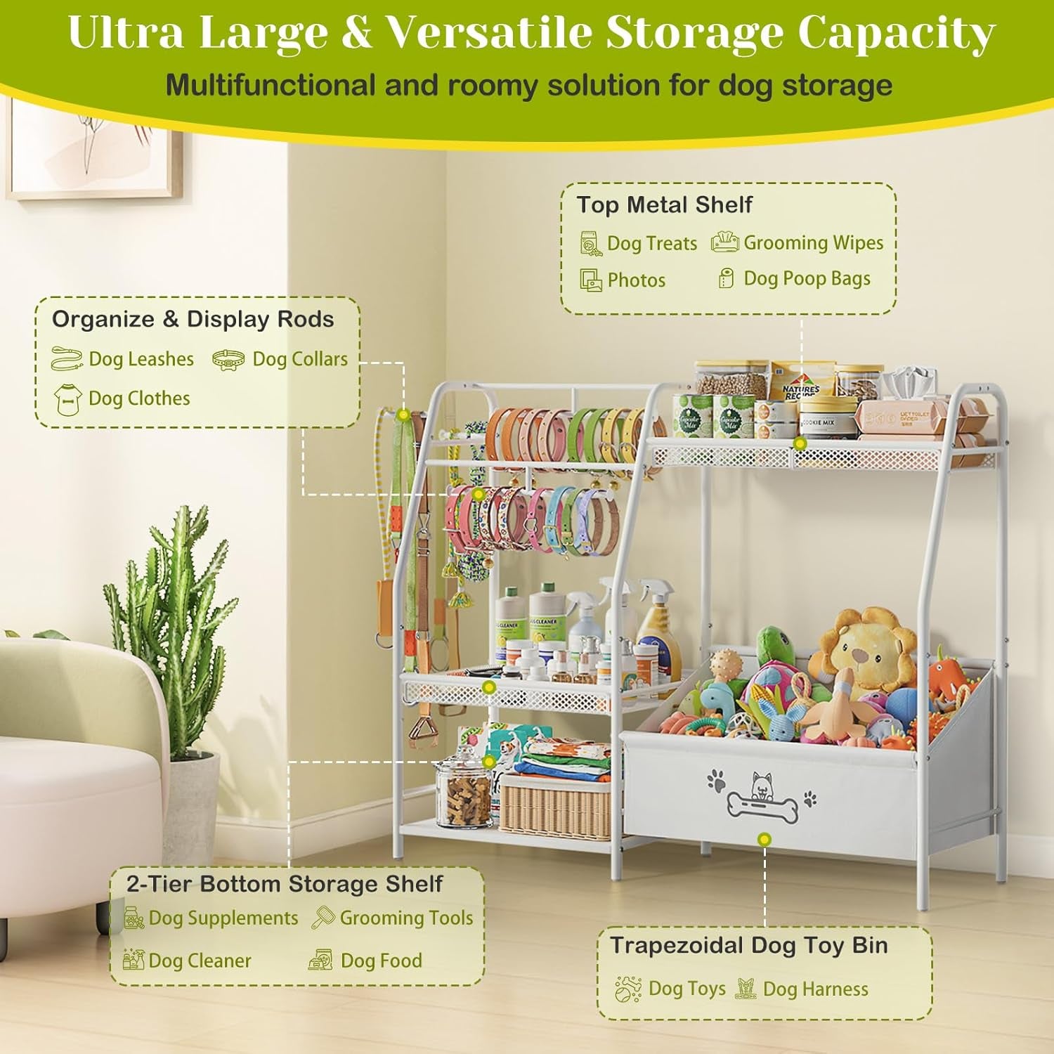 Large Dog Toy Basket with Dog Storage Organizer, Trapezoid Dogs Toy Bin Box with Collar Leash Holder Hook, Toy Holder Chest Pet Storage Cabinet for Living Room, Dogs Essentials for Pet Lovers Gift