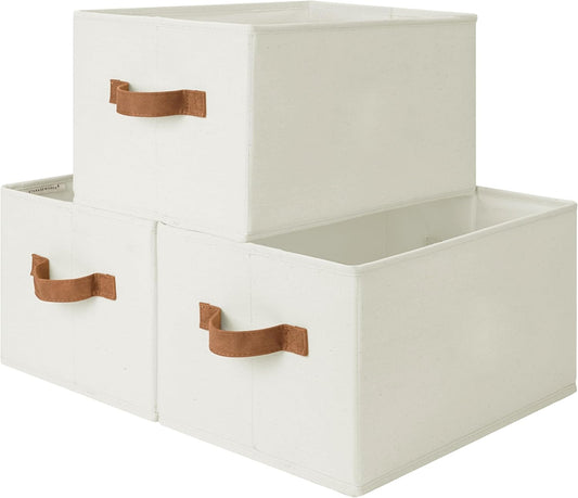 Closet Organizers and Storage Bins, Foldable Shelf Baskets, Clothes Storage Basket for Organization, Ivory White, 3-Pack, Large