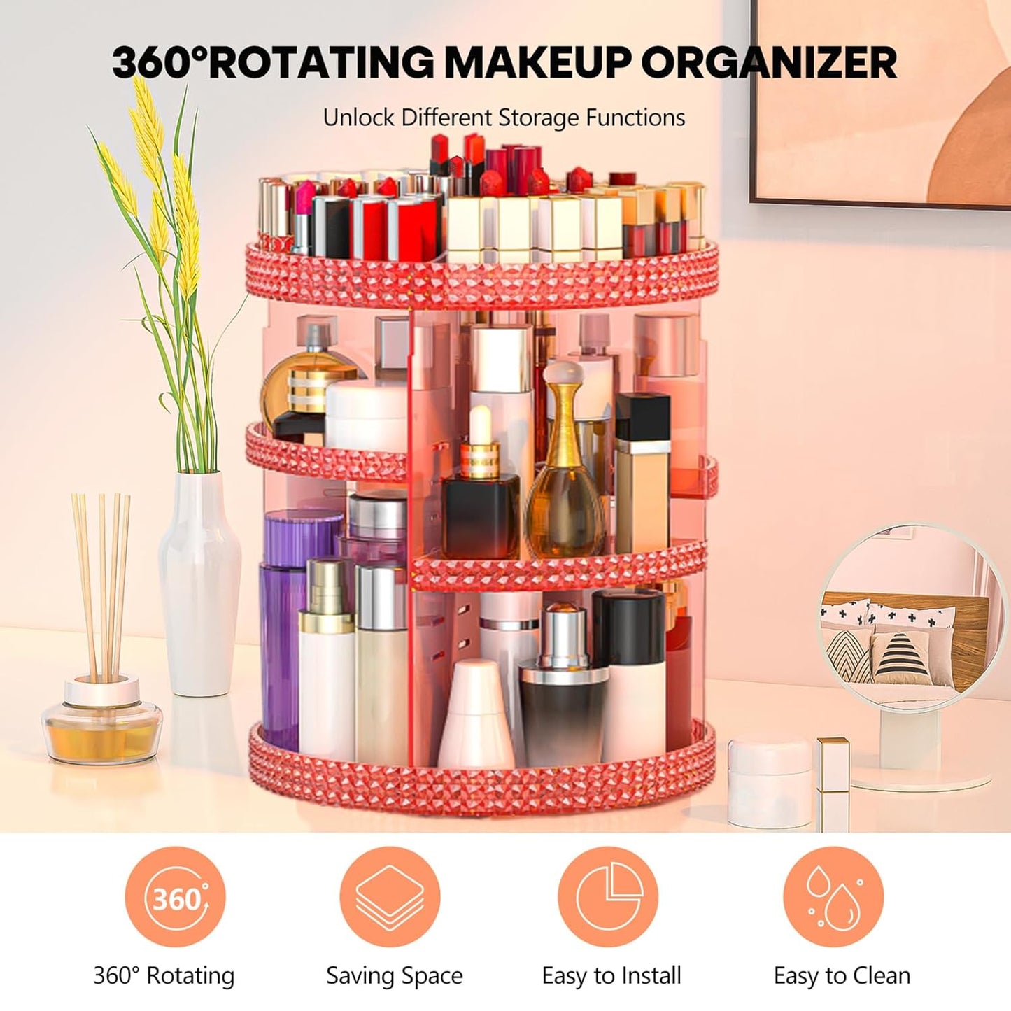 360-Degree Rotating Makeup Organizer with Extra Large Capacity, Removable 7-Layer Cosmetics Storage for Countertop - Ideal for Skincare and Perfume (Pink)