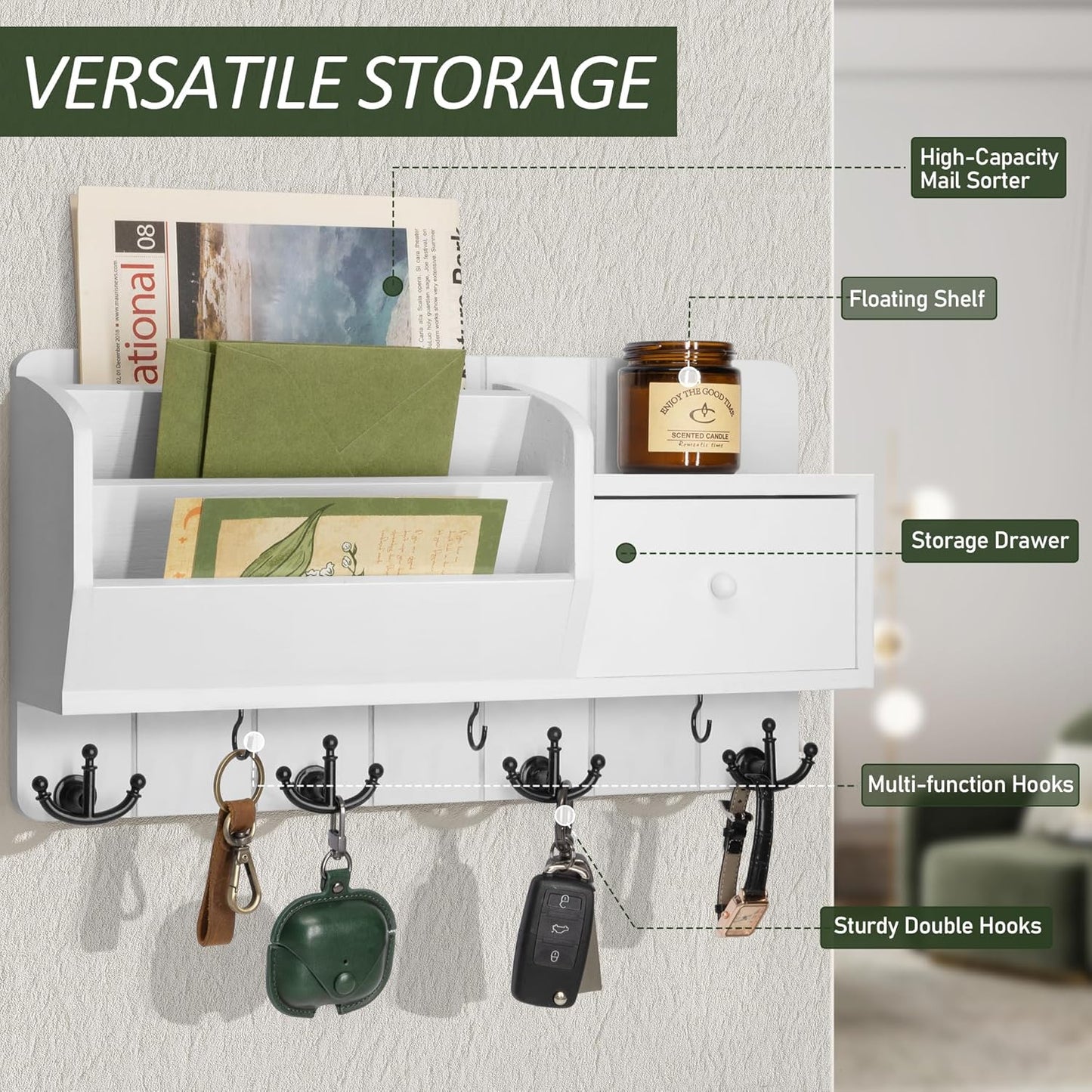 Key Holder Wall Mount and Mail Organizer : Farmhouse Key and Mail Holder for Wall with Drawer and 7 Key Hooks - Decorative Home Organization for Wall Decor Aesthetic (White)