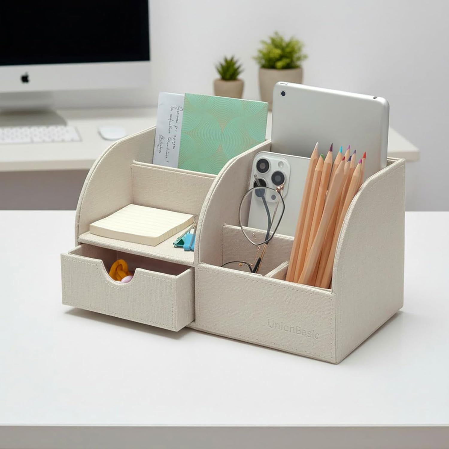 Multifunctional Leather Desk Organizer - Elegant Storage Solution for Pens, Business Cards, Mobile Phones, and Stationery, Beige