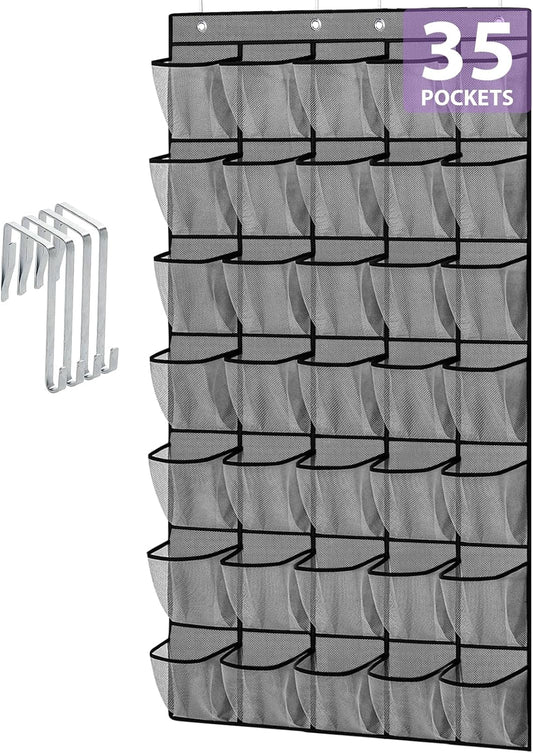 35 Large Pockets over the Door Shoe Organizer, Extra Sturdy Oxford Fabric Hanging Shoe Rack for Door Closet, Wall Mesh Shoe Storage Holder for Mens Women Shoes (Grey)
