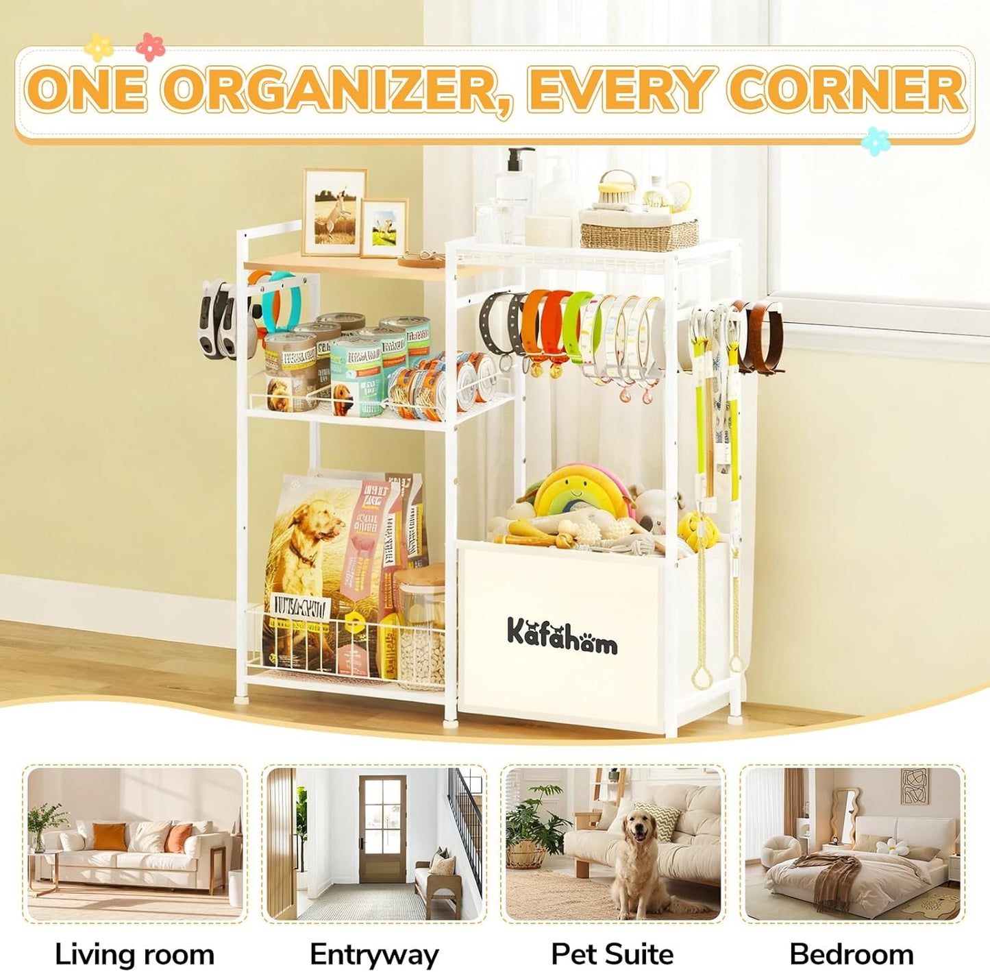 Dog Toy Basket with Collar Leash Holder Hooks, Large Pet Bin, Dog Toy Box for Living Room Area, Cat Stuff Storage Organizer with Cabinet and Can Dispenser, Great Gifts for Pet Lovers